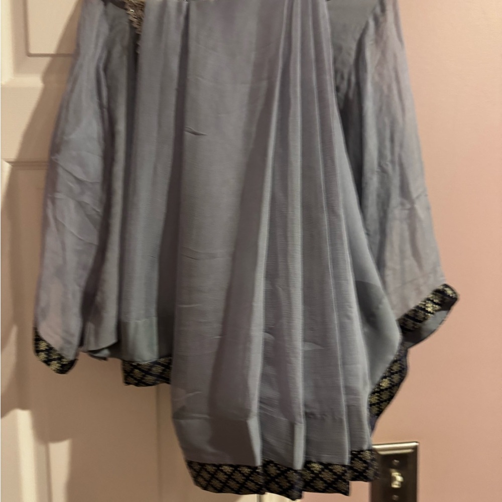 Elegant Light Blue Blouse with Black Accents crinkle chiffon sari with crystal